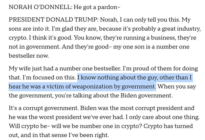 Four images showing transcribed text from a CBS interview between Norah ODonnell and President Donald Trump discussing government actions pardons cryptocurrency involvement and criticisms of Joe Biden and Hunter Biden with visible text blocks detailing Trumps statements on indictments impeachments and sons business activities.