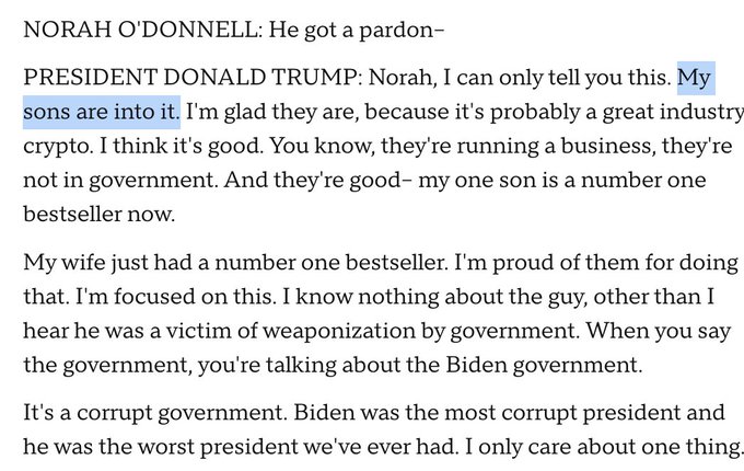 Four images showing transcribed text from a CBS interview between Norah ODonnell and President Donald Trump discussing government actions pardons cryptocurrency involvement and criticisms of Joe Biden and Hunter Biden with visible text blocks detailing Trumps statements on indictments impeachments and sons business activities.