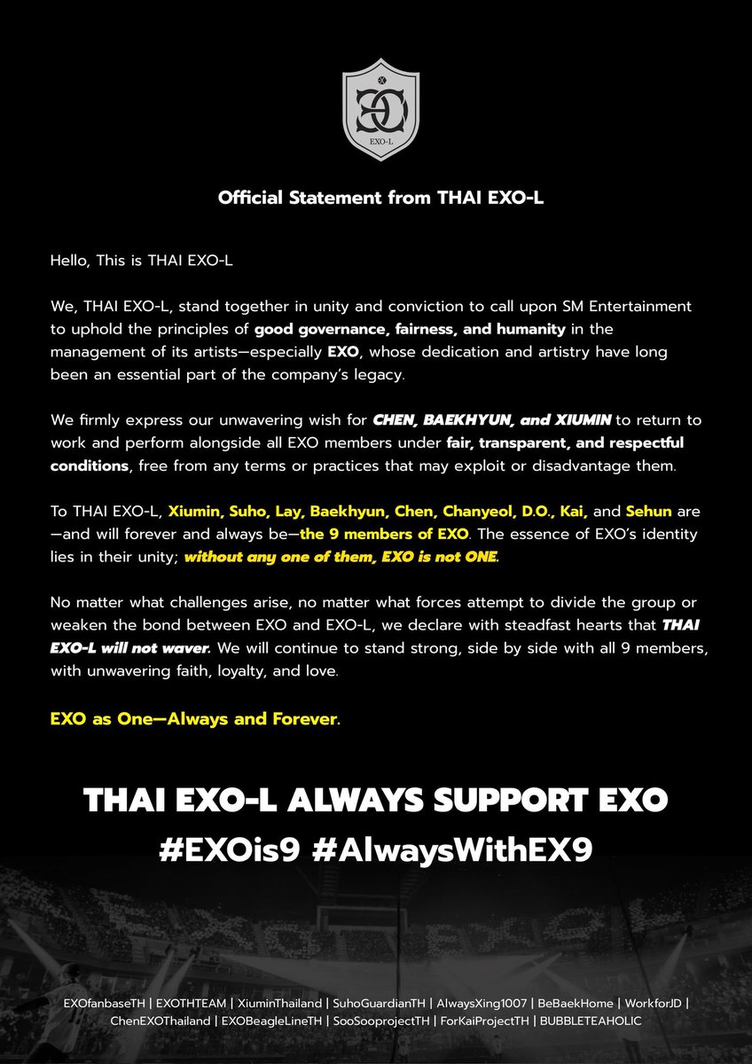 EXOBeagleLineTH's tweet image. พวกเรา THAI EXO-L ขอแสดงจุดยืนอย่างหนักแน่นเพื่อสมาชิก EXO ทั้ง 9 คน

พวกเราจะไม่หวั่นไหวต่อแรงกดดันใด ๆ และจะจับมือสมาชิกทั้ง 9 คนของ EXO ไว้อย่างมั่นคงที่สุด

THAI EXO-L ALWAYS SUPPORT EXO
#EXOis9 #AlwaysWithEX9