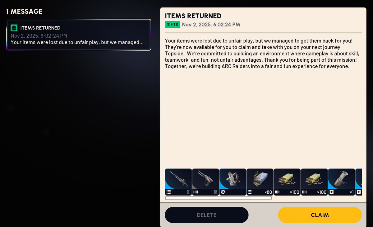 YNotMapleSyrup's tweet image. Got my kit back because of &quot;unfair play&quot;. Cheaters/exploit probably. BIG W #ArcRaiders this is how you do it. This game impresses me more everyday. @ARCRaidersGame @EmbarkStudios