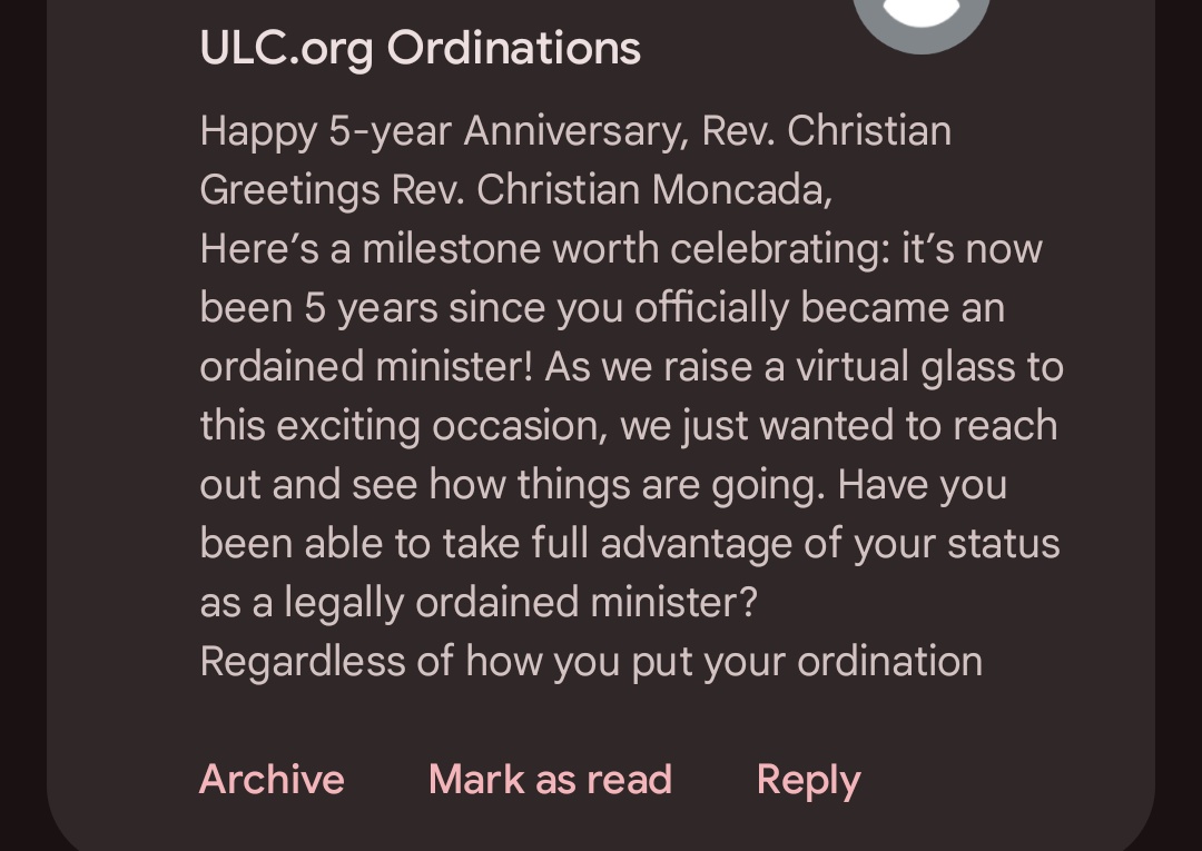 Fun fact, I am legally able to marry people and I've been secretly making people in rp servers legally bound to one another for years in both the eyes of God and the govt