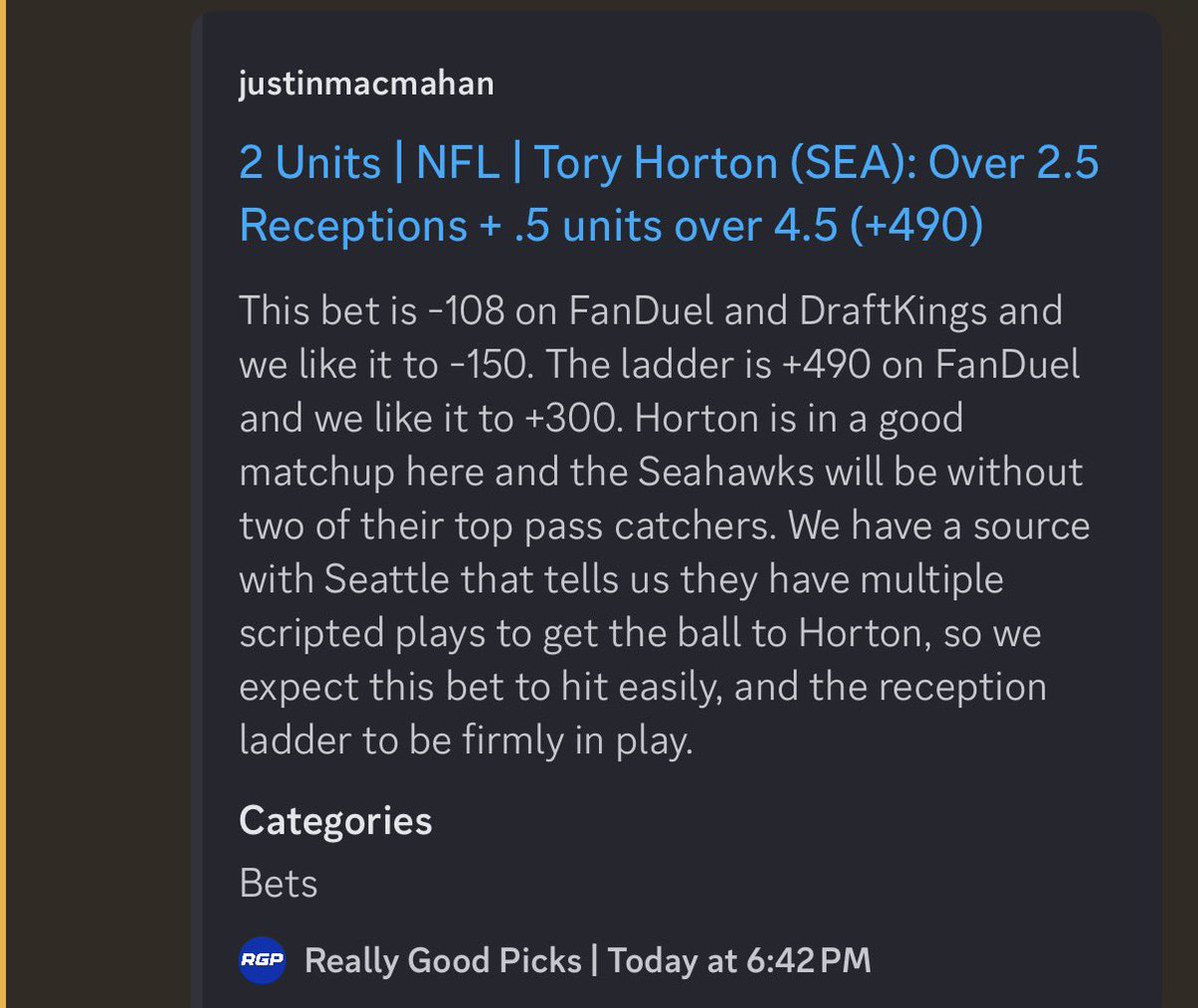 JustinMacmahan's tweet image. If you’re not in the RGP Discord you missed our Tory Horton flag plant 👀 Already a fantastic weekend for our bets and we’re capping it off with a bang! Only $69/month to get all our content across every sport!