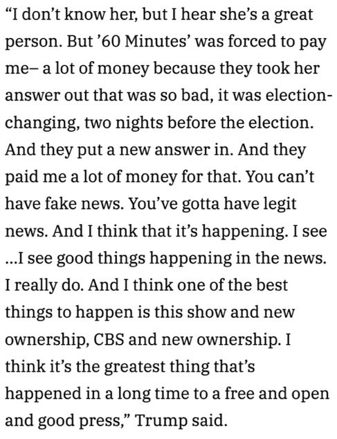 Timodc's tweet image. 60 Minutes did not air the part where Trump discusses his success in extorting the network and calls them Fake News. This edit is harmful to me and I’m considering suing.