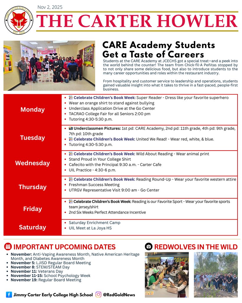 JCECHSRedWolves's tweet image. 🐺📰 The Carter Howler - 11-2 📰🐺 
A new week means a new Howler! Catch up on everything happening across campus and never miss a moment. Stay inspired, stay connected, and stay RedWolf proud!