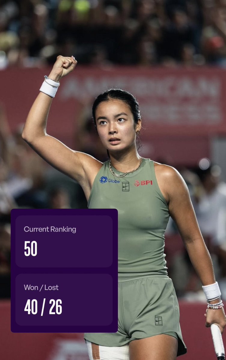ABSCBNNews's tweet image. A NEW CAREER HIGH FOR ALEX EALA! 🎾

The Filipina tennis star climbs up to WTA #50.

She becomes the first Filipina to be included in the WTA Top 50 rankings. | via @DYANCASTILLEJO

(📷: Eala/Instagram, WTA site)