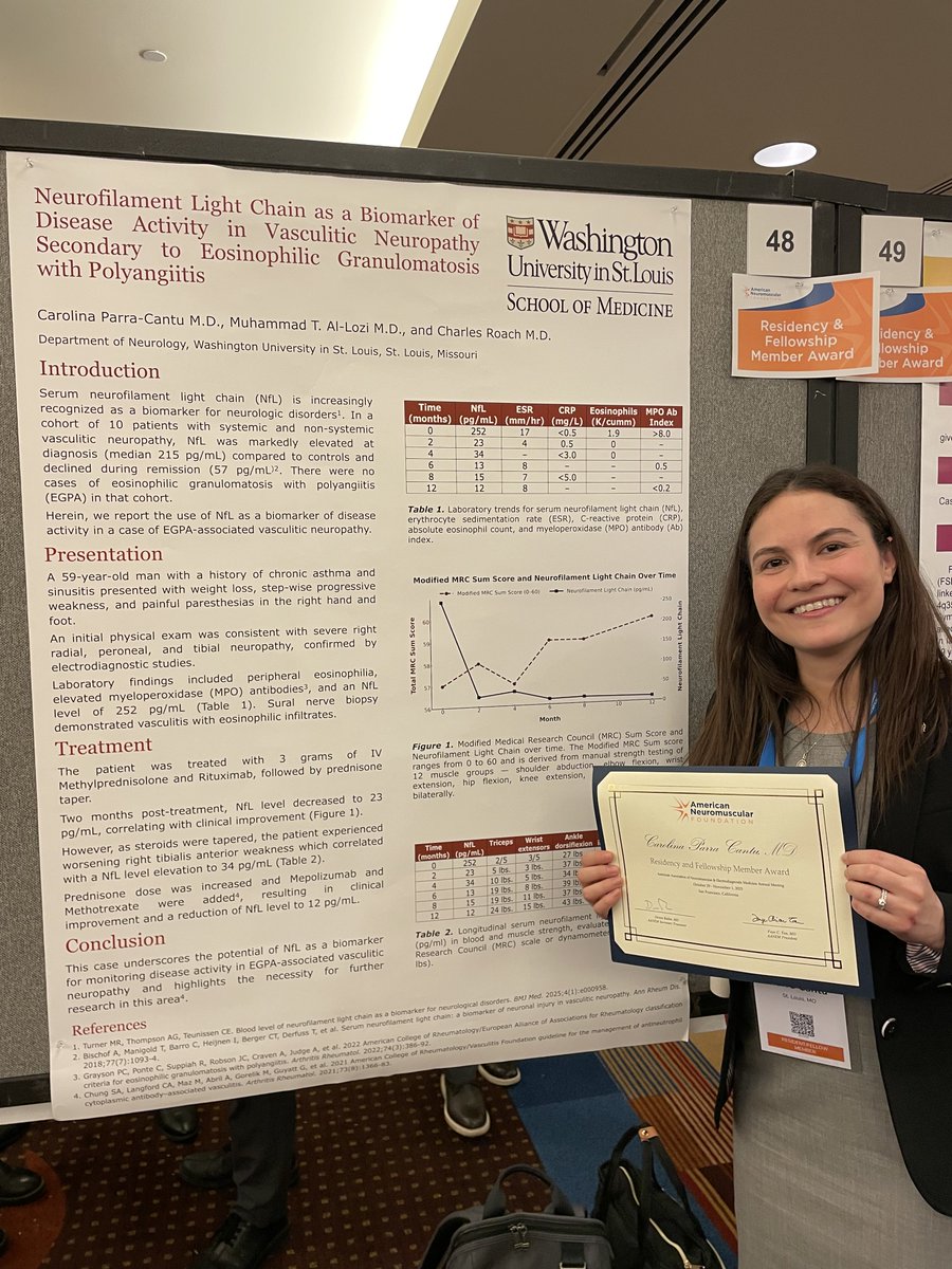 PeterKangMD's tweet photo. Strong showing with two resident/fellow member awards at #AANEM from the WashU Neurology Residency! Strong work Carolina and Michael #Neurology #neurotwitter #match2026 #neuromuscular #neuropathy https://t.co/fCmVCnBjaD