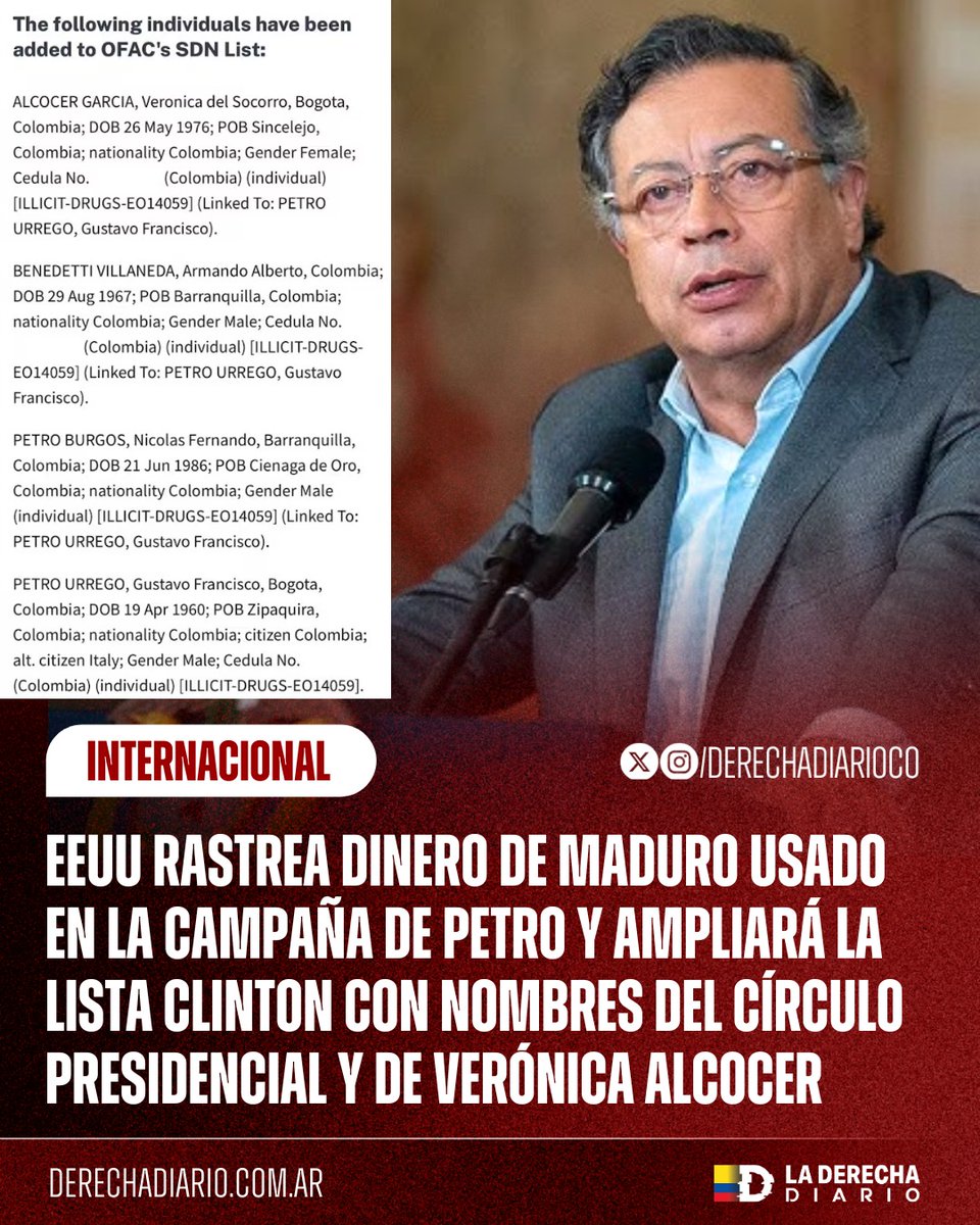 DerechaDiarioCO's tweet photo. 🚨🇨🇴🇺🇸🇻🇪 | TIEMBLA PETRO: EEUU rastrea fondos enviados desde Venezuela por el régimen de Maduro para financiar la campaña de Petro. Washington ampliará la Lista Clinton con nombres del círculo presidencial y de Verónica Alcocer. https://t.co/1gwYuklvce