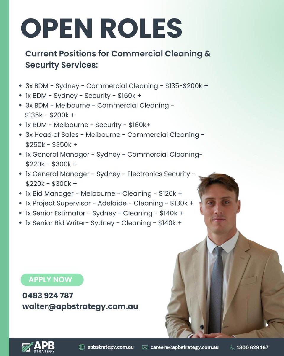 APBStrategy's tweet image. The Commercial Cleaning &amp;amp; Security sectors are booming — and our clients are leading the way. At APB Strategy, we connect passionate sales professionals with top companies offering real career growth, competitive salary + commission + super + vehicle. Call Walter 0483 924 787.