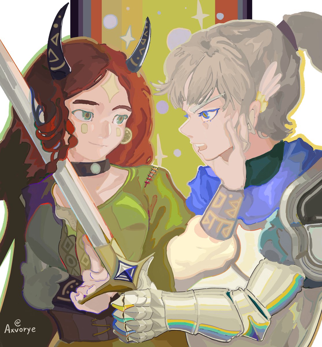 “My lady... You are supposed to know, holding a sword against another lady's supple neck, is extremely dangerous, right?” 

Project Phantasia Art Contest Submission from Axvorye