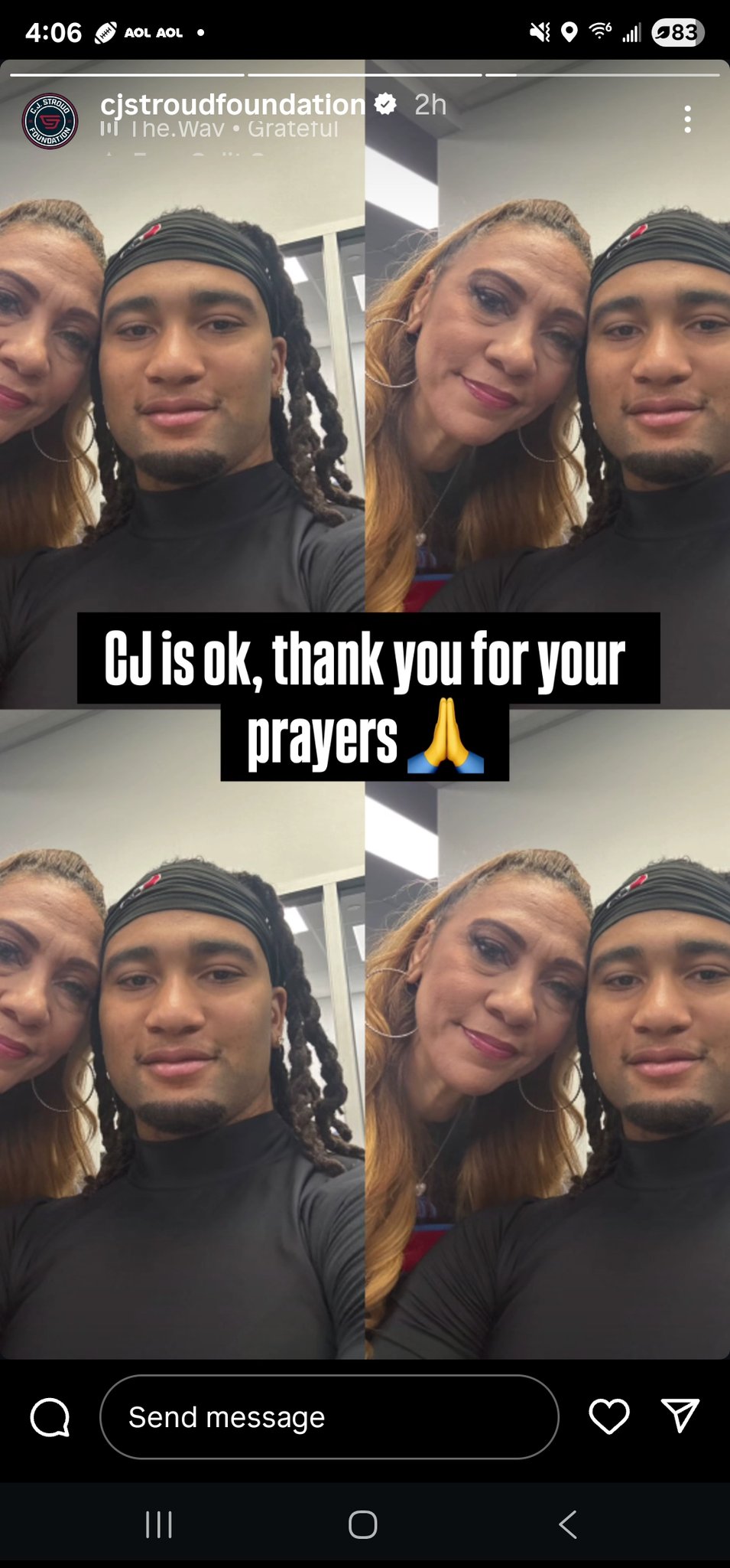 Screenshot of an Instagram story from the C.J. Stroud Foundation. Four panels show C.J. Stroud a young Black man with long braided hair wearing a black turtleneck and headband posing with family members including a woman with curly hair and hoop earrings. They smile closely together in indoor setting. Text overlay in first panel reads C.J. is ok thank you for your prayers with blue prayer hands emojis. Instagram interface elements visible including send message button and heart icon. Time stamp shows 4:06 PM.