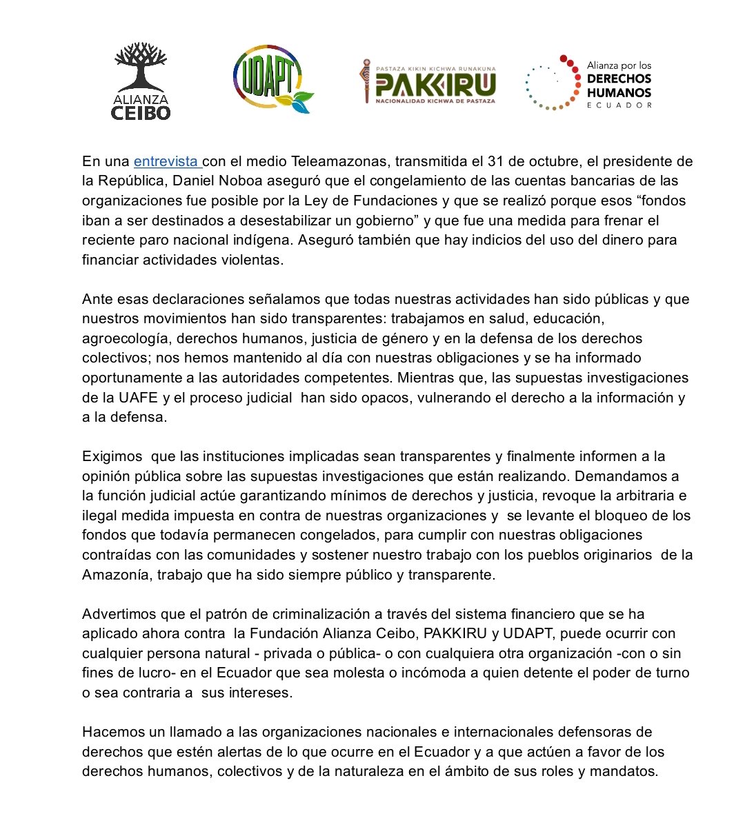 .<a href="/pakkiru_org/">PAKKIRU</a> <a href="/udapt_oficial/">UDAPT</a> <a href="/AlianzaCeibo/">Alianza Ceibo</a> señalan que el 5/11 se desarrollará audiencia tras bloqueo intempestivo de sus cuentas bancarias