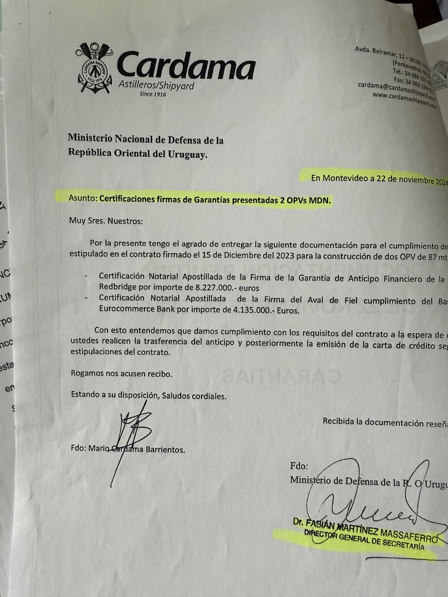 El 22 de noviembre -dos días antes del balotaje- el empresario Cardama y el director de Secretaría del MDN validaron la garantía de EuroCommerce. En ese momento, sin embargo, todavía no se había presentado el original con la certificación apostillada de la firma del aval.