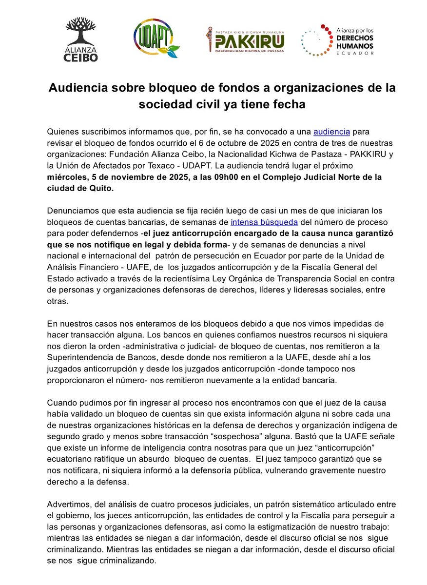 Continúa la persecución y los bloqueos arbitrarios a las cuentas de organizaciones, entre ellas las de mi organización <a href="/pakkiru_org/">PAKKIRU</a> y la mía propia. Hasta cuando!@AmnistiaOnline <a href="/amnistia/">amnistia . org</a> <a href="/ecuainm_oficial/">Ecuadorinmediato</a> <a href="/ONU_es/">Naciones Unidas</a> <a href="/ONUHumanRights/">ONU Derechos Humanos Colombia</a> <a href="/ONU_derechos/">ONU Derechos Humanos - América del Sur</a> <a href="/CIDH/">CIDH - IACHR</a> <a href="/ActualidadRT/">RT en Español</a> <a href="/PrimeraPlanaECU/">PrimeraPlanaECU</a>
