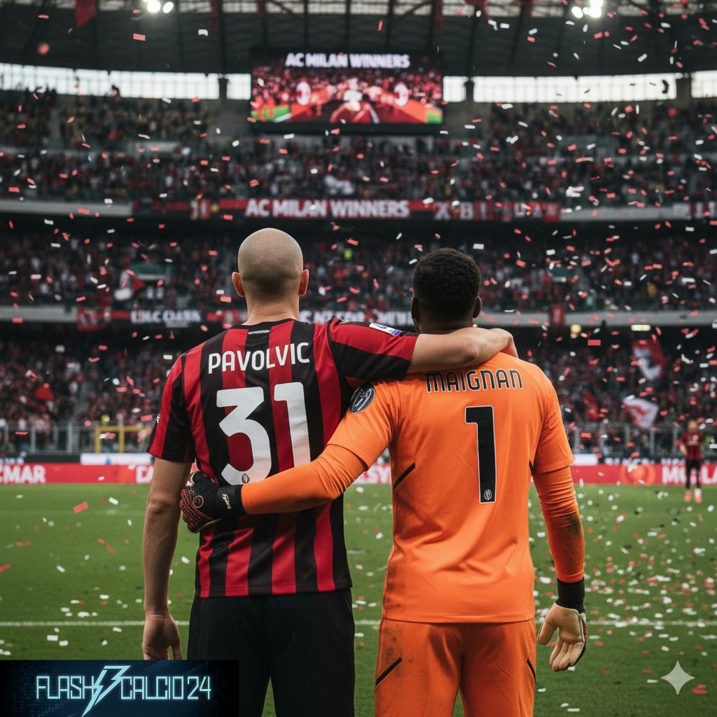 Flashcalcio's tweet photo. #Milan-#Roma 1-0: #Pavlović e #Maignan protagonisti. #Leão trascina i rossoneri alla vittoria nel big match di San Siro
 https://t.co/Ic6JfHvCRY

#Flashcalcio24 #SerieA https://t.co/ByyoGAyMXA