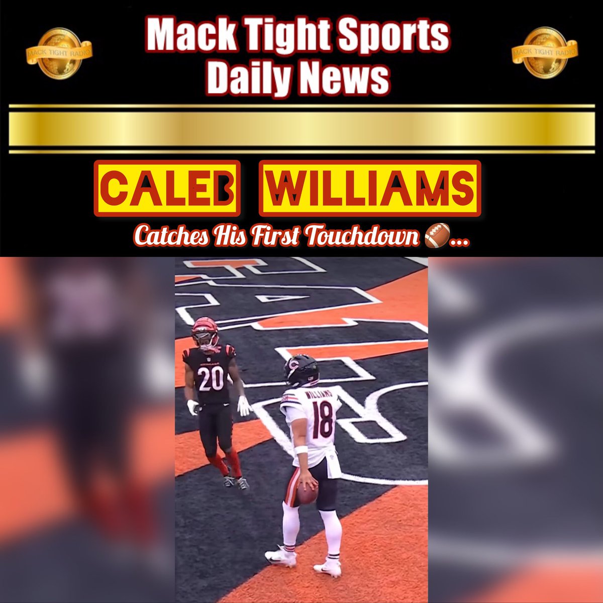 MackTightRadio's tweet image. #ChicagoBears’ #CalebWilliams catches his first #Touchdown 👀 #NFL 🏈 

- [LISTEN TO #MackTightRadio via #TuneIn]