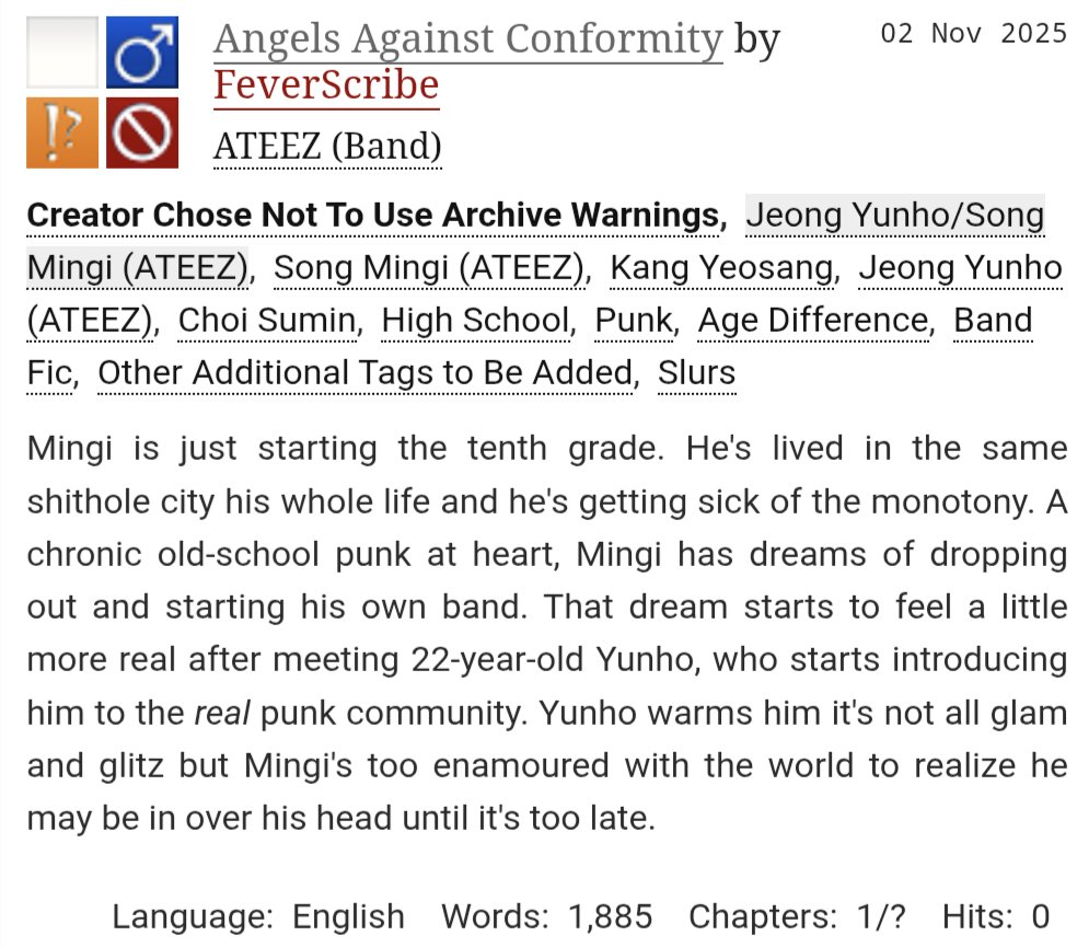 I'm finally trying to break out of my hiatus and work on Ateez fic a bit since I finished writing my books. I'm gonna try really hard to keep up with this fic, it's one I've had rattling around in my head for a While now.

archiveofourown.org/works/73585936…