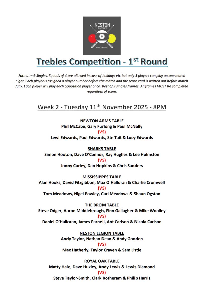 Trebles 1st Round
Week 1 &amp; Week 2 Fixtures
Tuesday 4th/11th November
