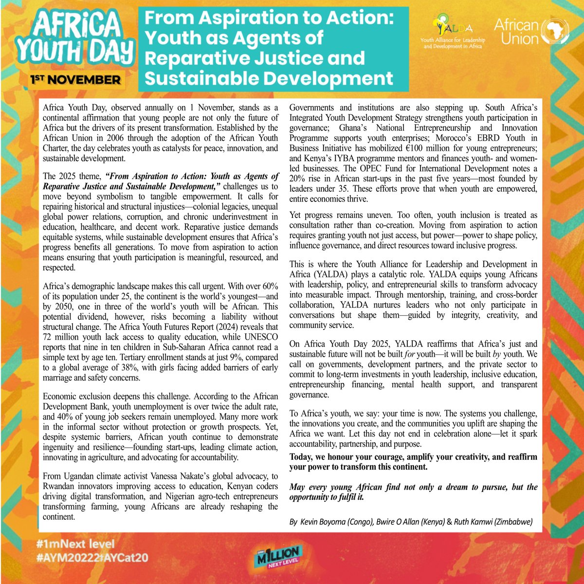yaldafrica's tweet photo. It’s #AfricaYouthMonth! 🎉
This year’s theme — “From Aspiration to Action” — reminds us that Africa’s future won’t be built for youth, but by youth. 💪🏾

YALDA celebrates young Africans driving peace, justice & sustainable development across the continent. 

#AYM2025 #1mNextLevel #AYCat20