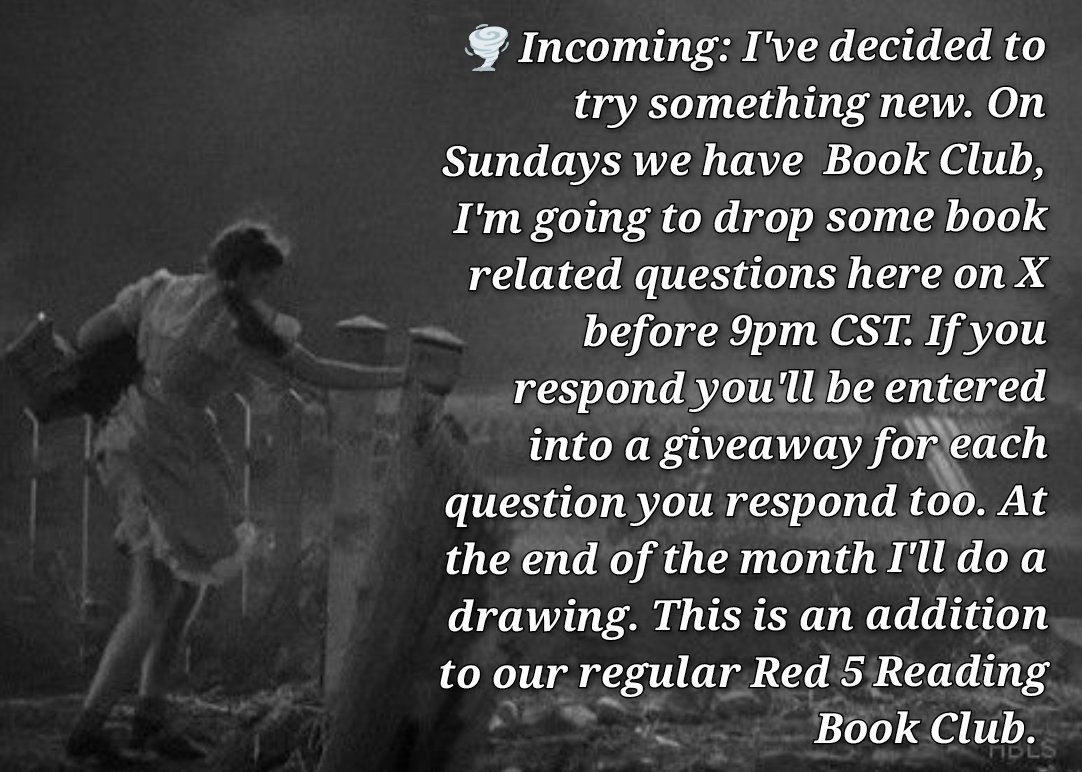 🌪️ Incoming: 
💚 The questions will be related to the book we are discussing in the Red 5 Reading Book Club. We are currently reading Wicked by Gregory Maguire. See pinned outline to join us.
🩷 First question will be dropping at 5:05pm CST. 
✨ More details ⬇️