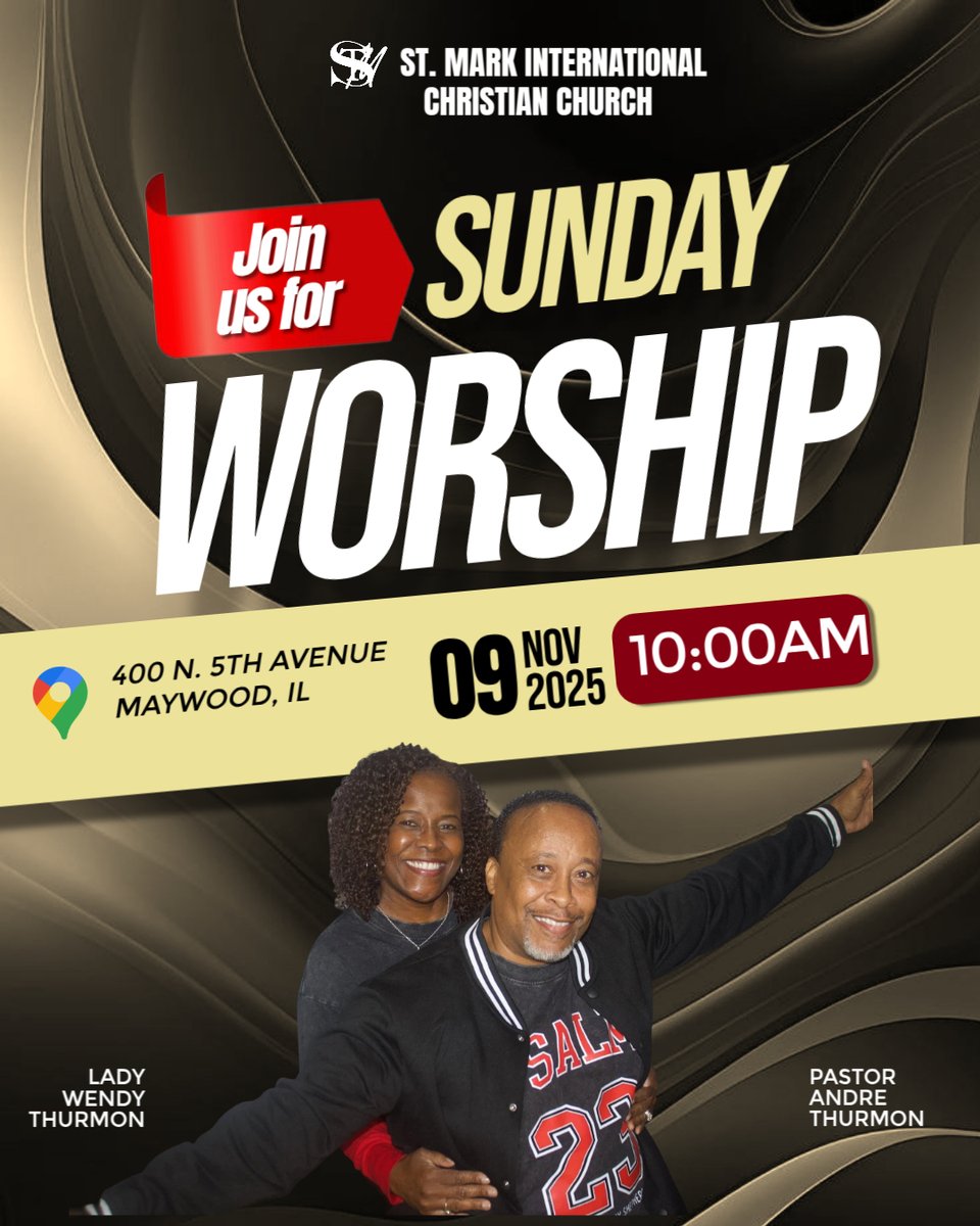Join us for worship on Sunday, November 9, 2025 at 10:00 AM. Service led by Pastor Andre Thurmon at 400 N. 5th Avenue, Maywood, IL. #SundayService #WorshipTogether #SMICC