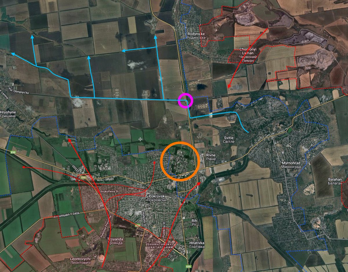 While the roads into the Pokrovsk-Myrnohrad agglomeration are already under constant drone observation, much of the remaining UA access to the extreme ends of the salient is likely hinging on the control of a suburb of high-rises in NE Pokrovsk. (orange).