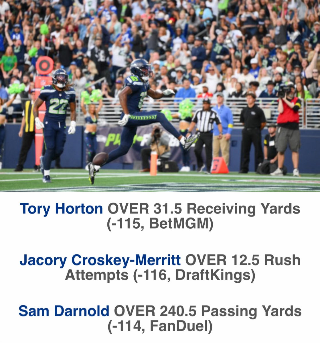 The <a href="/CommishFilmRoom/">The Commish</a> shares his favorite props for Sunday Night Football

• Tory Horton OVER 31.5 Receiving Yards
• Jacory Croskey-Merritt OVER 12.5 Rush Attempts
• Sam Darnold OVER 240.5 Passing Yards

🏈 NFL Player Props: rotogrinders.com/articles/nfl-p…