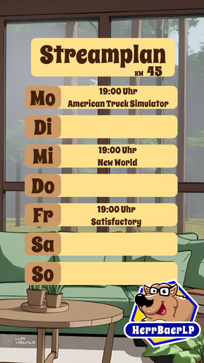 Hallo Freunde. 
Hier ist der Streamplan für die KW45
03.11.2025 - 09.11.2025  

Mo.: 19:00 Uhr #AmericanTruckSimulator   

Mi.: 19:00 Uhr  #Minecraft   

Fr.: 19:00 Uhr #Satisfactory   

Sa. &amp; So.: spontan  

Habt eine Tolle Woche 🐻🍯#honigliebe