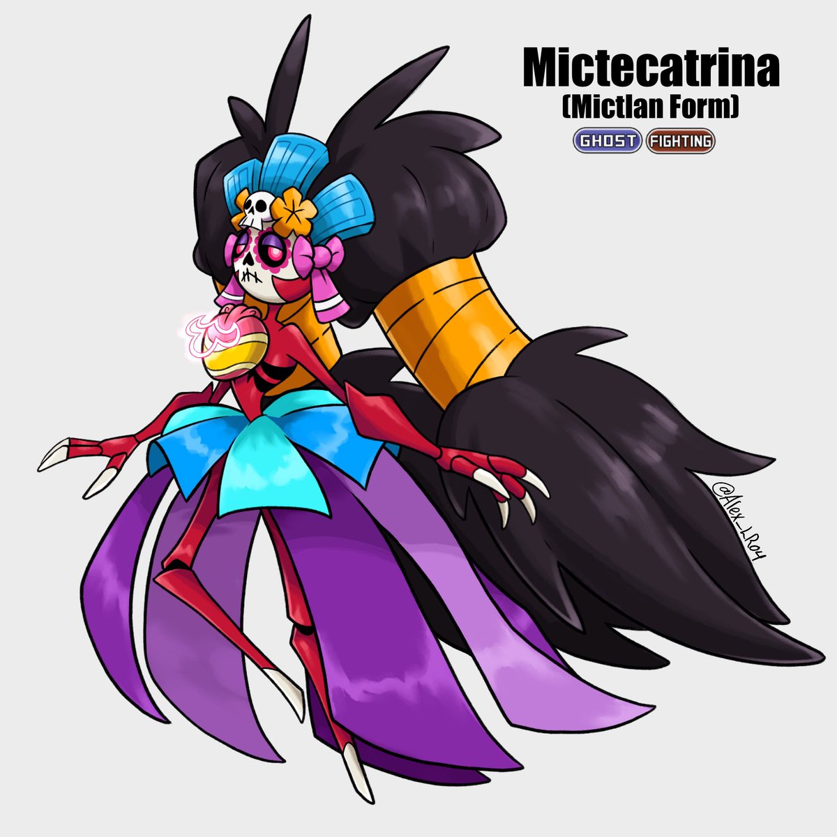 🏵️Feliz Día de Muertos!🏵️ 
And to celebrate here’s Mictecatrina in her Mictlan Form aka Mega form.
Of course, she’s based on the goddess of the dead Mictecacihuatl and the very iconic image of La Catrina🏵️🏵️
#Fakemon #Pokemon #OriginalArt #Fanart