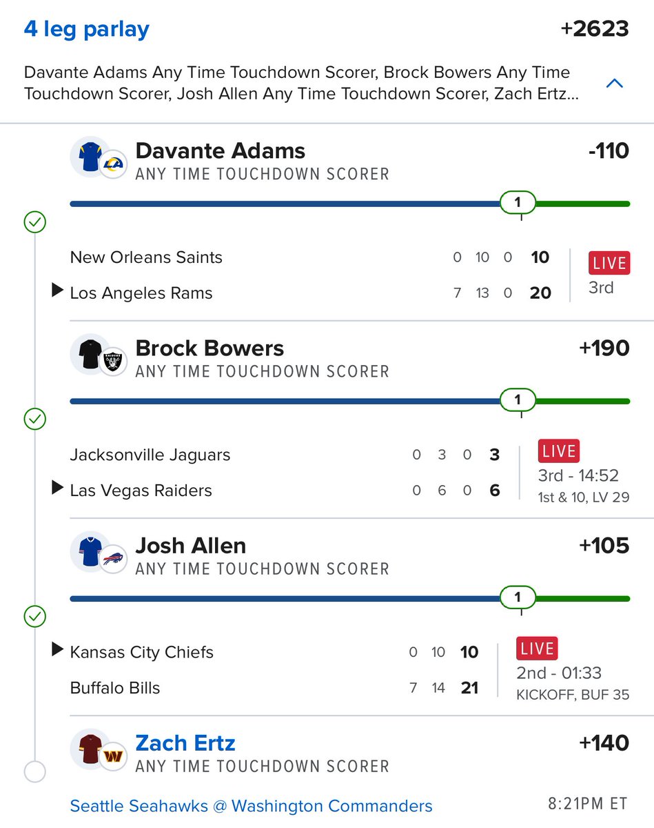 LIKE/RETWEET $100 to Someone When We CASH

Davante Adams ATD -110✅
Brock Bowers ATD +190✅
Josh Allen ATD +105✅

ALL EYES ON ZACH 🕺🏻