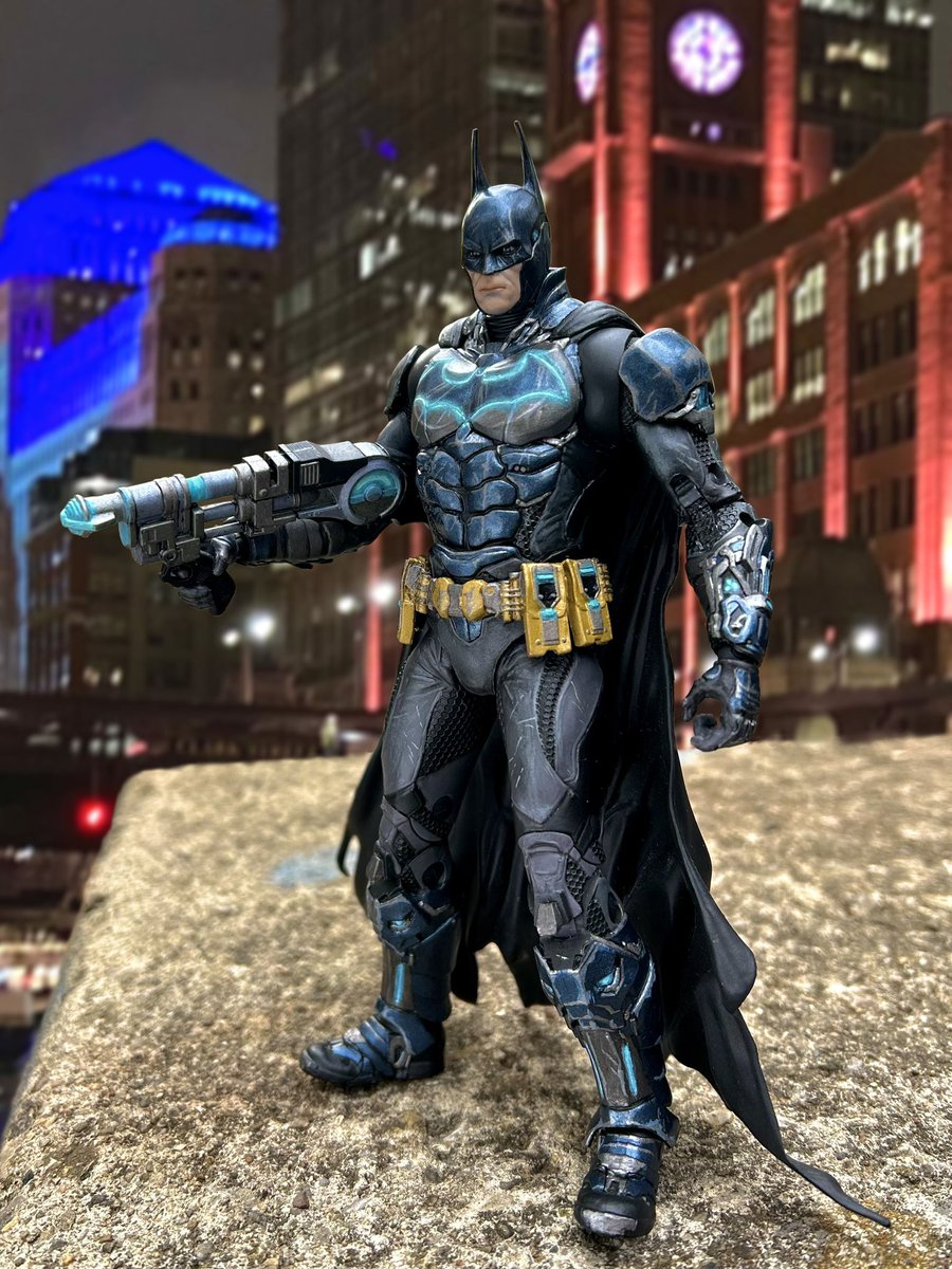 patrickjesson's tweet image. I repainted the McFarlane Toys Arkham Knight Batman. I edited in pictures of Chicago that I took.  Also used fluorescent paint so ho glows under a blacklight.  Wasn’t going for game accuracy lol.  Just making him look cool #batman #arkhamknight #mcfarlanetoys #customactionfigures