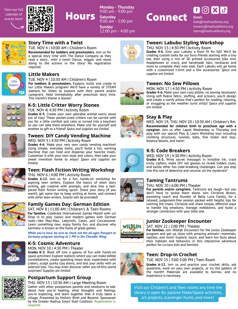 "Leaf" through our November calendars to find the perfect event for you! 🍁

All of our programs are free and open to everyone. For event details, visit nashualibrary.org/events.