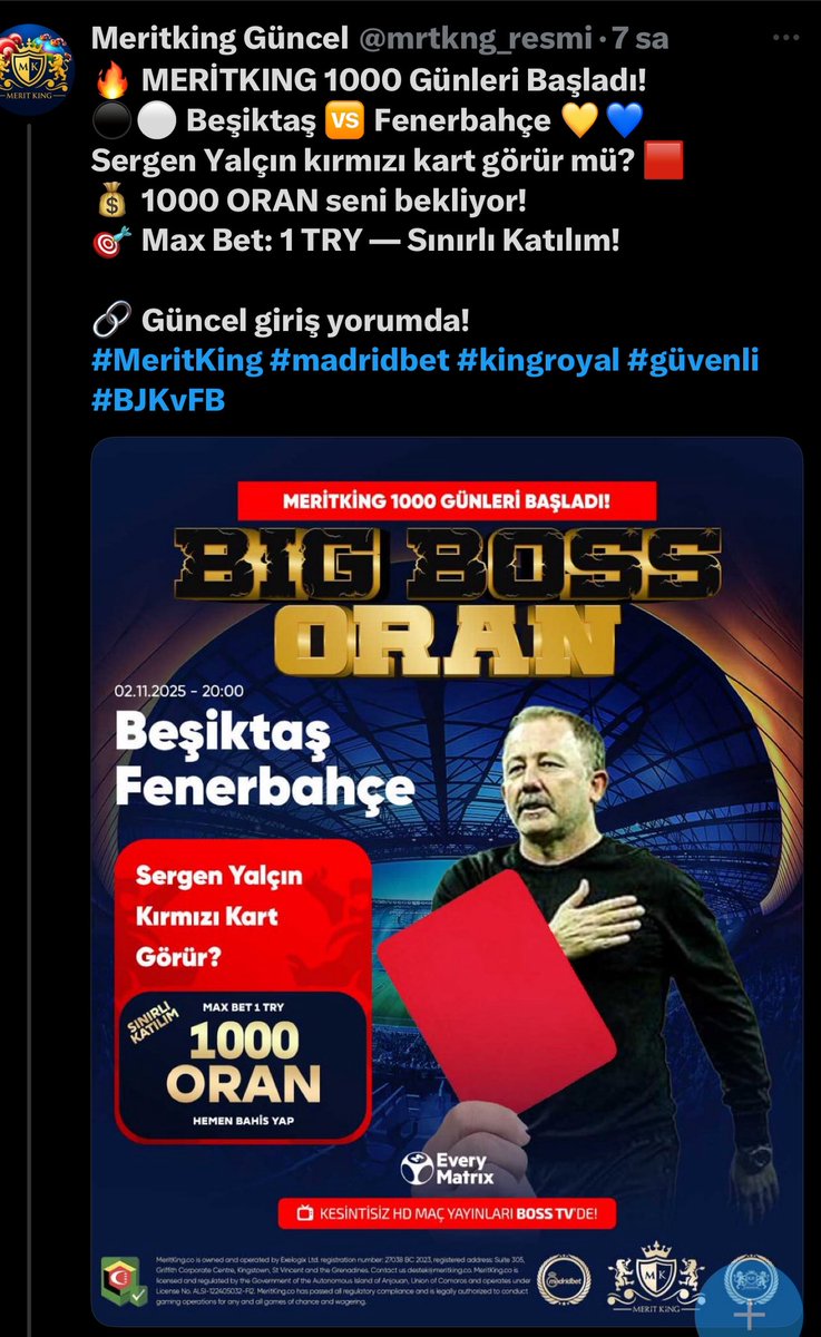 seyhanavsar's tweet image. Kıbrıs’taki bir bahis şirketi, BJK-FB maçında Beşiktaş T. Direktörü Sergen Yalçın&apos;ın kırmızı kart görmesine maçtan iki saat önce 1/1000 oran vermiş. 

Ne büyük “tesadüftür ki” Sergen Yalçın maçta kırmızı kart gördü !