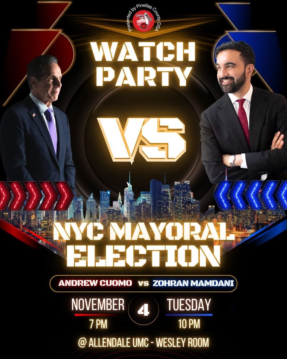 Join us for an election night watch party in St. Pete as results roll in from New York City, where DSA candidate Zohran Mamdani is the frontrunner to become the next mayor. We’ll hang out with games, food, and friends while we watch for election outcomes!