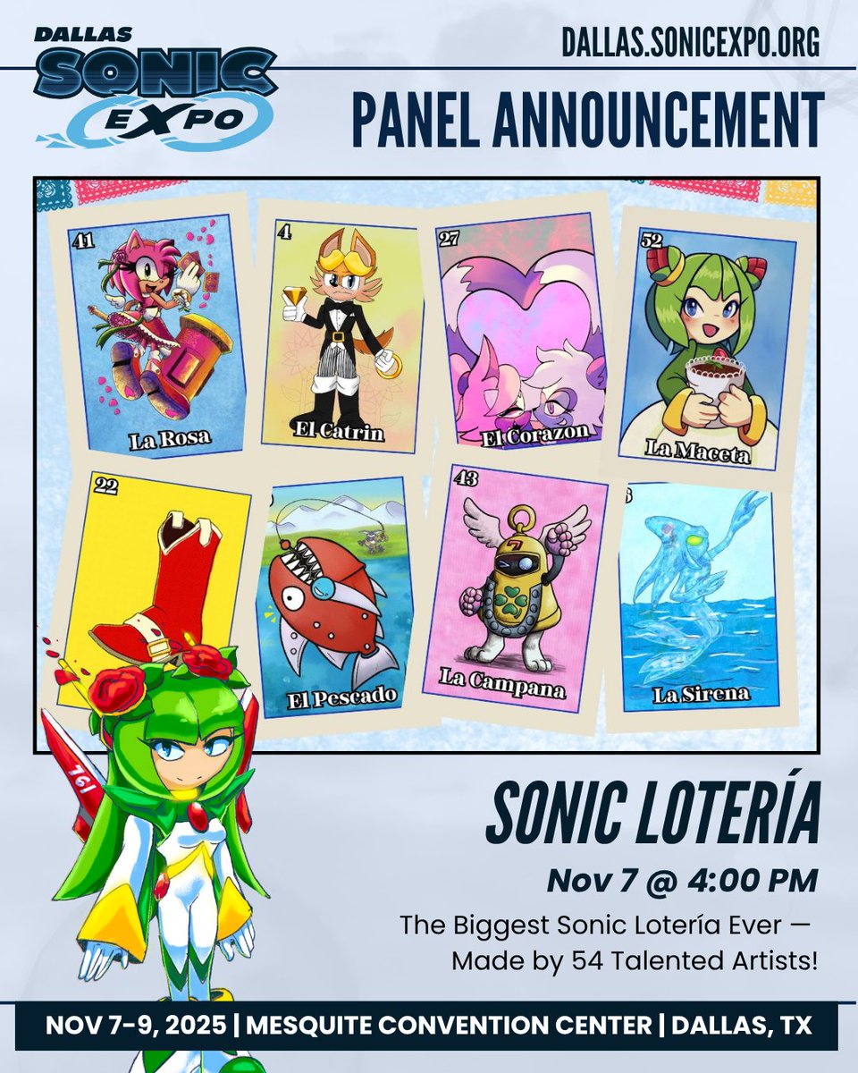 🌹 PANEL ANNOUNCEMENT! 🌹

Get ready for Sonic Lotería, a Sonic twist on the classic Mexican bingo game! 54 talented artists from the community came together to reimagine every card with Sonic-inspired art! 💙

Are you ready to jump up and shout “¡LOTERÍA!” 🎉