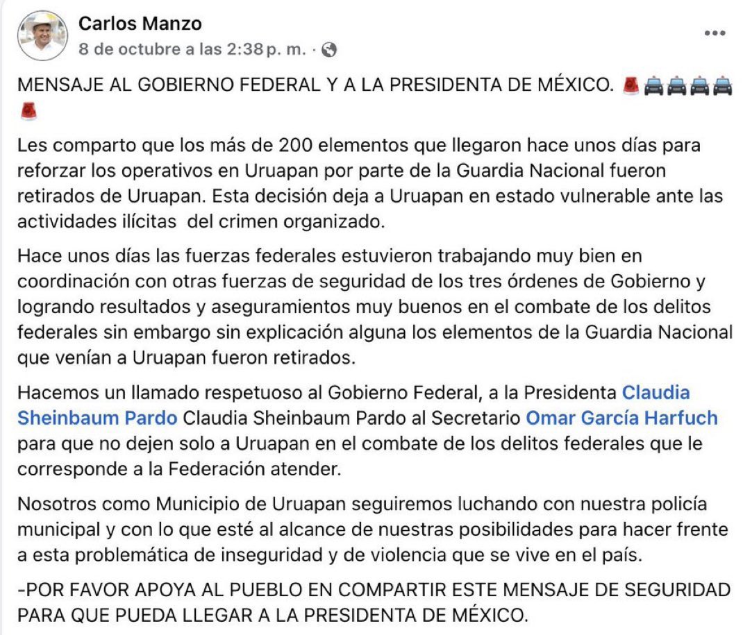 mario_dico50's tweet image. Eres un HDTPM @Roche , esto lo escribió Carlos Manzo el 8 de Octubre ! Le retiraron a la Guardia Nacional