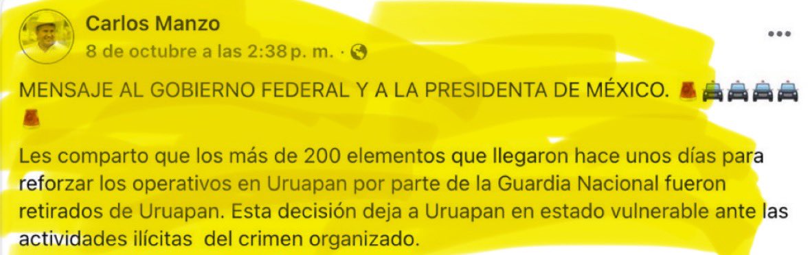 mario_dico50's tweet image. Eres un HDTPM @Roche , esto lo escribió Carlos Manzo el 8 de Octubre ! Le retiraron a la Guardia Nacional