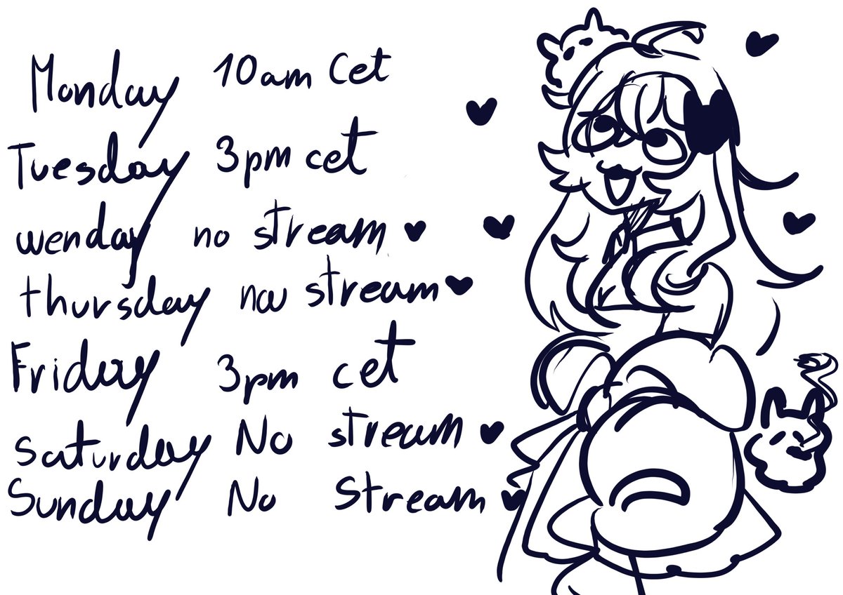 🤍THIS WEEKS SCHEDULE 🤍

See you in about ten hours for my art stream I go eep soon hehe