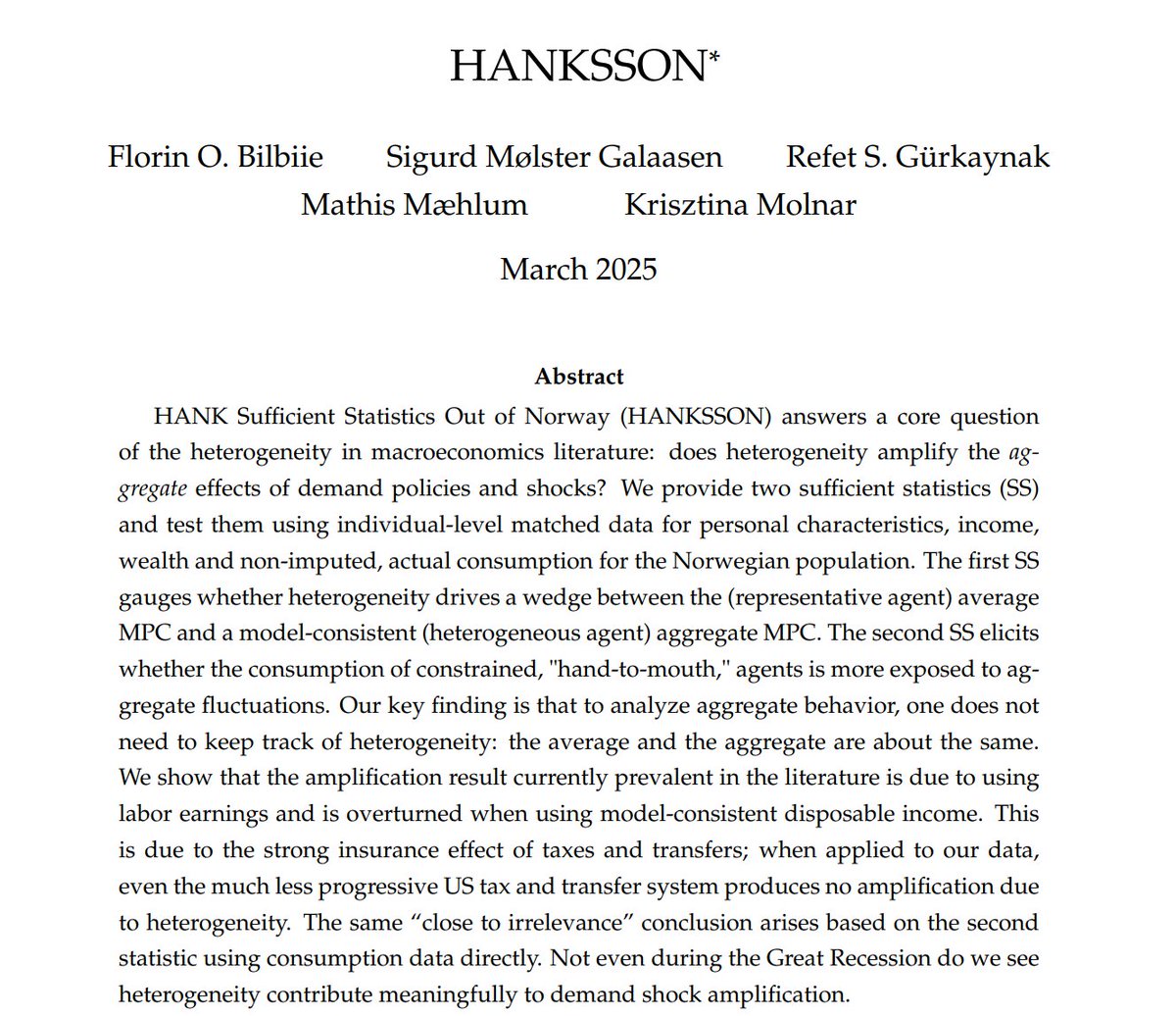 captgouda24's tweet image. In one of the more jaw-dropping papers of the year, these economists used the complete consumption data of every single person in Norway from 2006-2018 to answer the biggest question in contemporary macroeconomics: how much does inequality matter? Maybe -- not so much! 1/