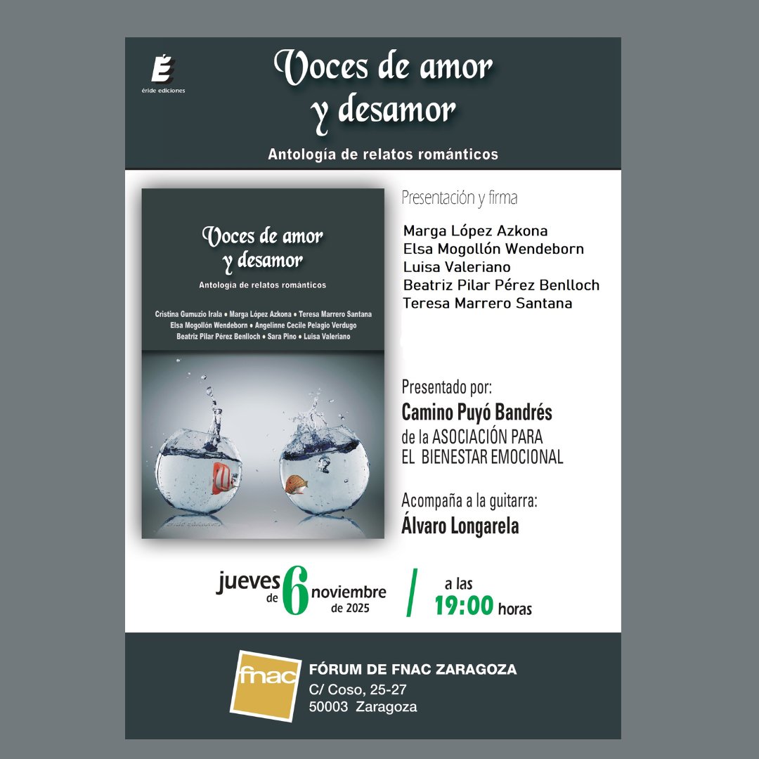 🎙️ VOCES DE AMOR Y DESAMOR
💞 Antología de relatos románticos contemporáneos
📍  Bilbao – Biblioteca Bidebarrieta, lunes 3 de noviembre de 2025, a las 19:00 h
📍FNAC San Sebastián, viernes 7 de noviembre de 2025, a las 19:00 h
📍FNAC Zaragoza, jueves 6 de noviembre, a las 19:00 h