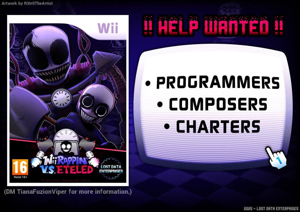 WDY_EOD's tweet image. ⚠️ WII RAPPIN&apos; - V.S. ETELED - HELP WANTED !! 🪓
The Wii Rappin’ dev team is looking for new collaborators! We’re in need of programmers (Psych Engine preferred), charters, and composers to help bring the project back on track. 🪓
#wiideletedyou #fridaynightfunkin #fnfmod #eteled