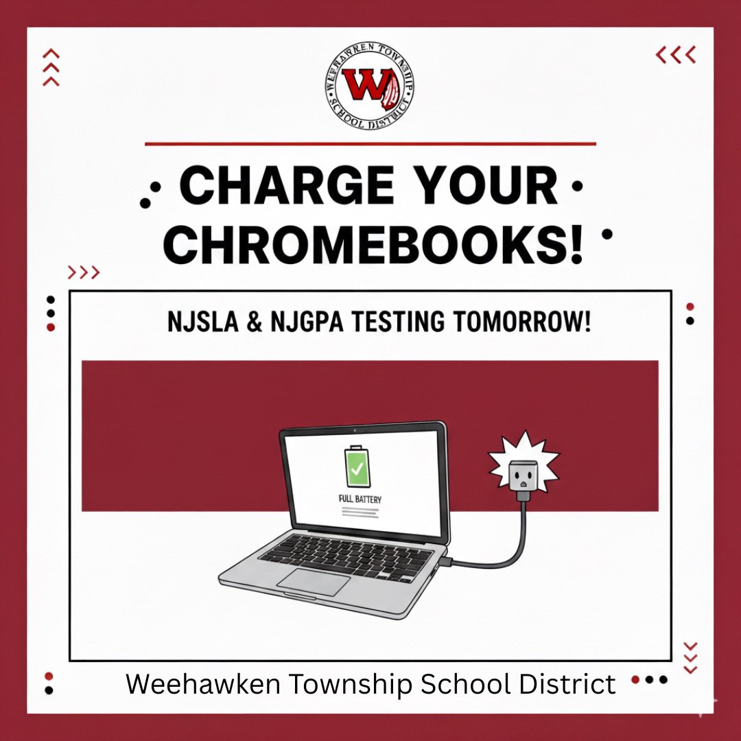 NJSLA &amp; NJGPA testing on Monday &amp; Wednesday - please charge your Chromebooks! 
<a href="/EricCrespoEDU/">Eric Crespo</a> <a href="/FAmato53/">Francesca Amato</a> <a href="/al_orecchio/">Al Orecchio</a> <a href="/RobFerullo4/">Robert Ferullo</a> <a href="/StefanieCirill1/">Stefanie Cirillo</a> <a href="/SuzanneMera/">Mrs. Mera</a> <a href="/MrsCullinane/">Jacqueline Cullinane</a> <a href="/bcalligy/">Brian Calligy</a> <a href="/BriannaReganEDU/">Brianna Regan</a> <a href="/JColasurdoEDU/">Jillian Colasurdo</a> <a href="/WEEGUIDANCEWTSD/">Jenna DeBari</a> <a href="/MsKallertEDU/">Elizabeth Kallert</a>