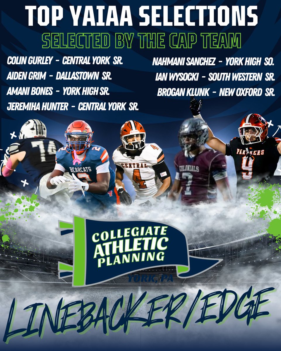 Excited to announce the 2025 YAIAA Top LB/Edge’s selected by the <a href="/AFL_YorkPA/">AFL York PA</a> CAP team! Congrats to these athletes on being selected! #OneGoal 

Athletes
<a href="/ColinGurley56/">Colin Gurley</a> <a href="/BonesAmani/">Amani Bones</a> <a href="/JeremihaHunter/">Jeremiha Hunterjr</a> <a href="/Nahmanisanchez0/">Nahmani Sanchez</a> <a href="/wysocki_ian/">Ian Wysocki</a> <a href="/broganklunk/">Brogan Klunk</a> <a href="/AidenGrim189/">Aiden Grim</a>