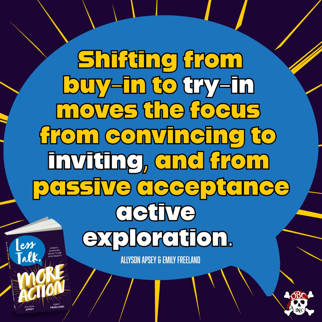 AllysonApsey's tweet image. Q2:  One of the things we talk about in the book is the idea of replacing “buy-in” with “try-in”. Instead of selling an initiative or idea, we try it out and see how it works. What benefits do you see in this approach? 

#VAESPchat #LessTalkMoreAction