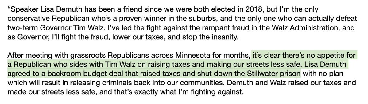 Stmt from fellow GOP gov candidate Rep. Kristin Robbins in response to Demuth bid underscores one of the thornier aspects of challenging Walz as divided #mnleg speaker: Members on both sides were unhappy w/ aspects of bipartisan budget deal

More context: axios.com/local/twin-cit…