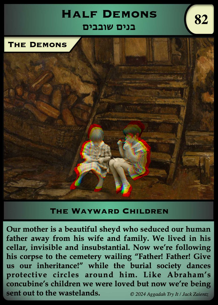 AdneSadeh's tweet image. The original Tale of Posen is amazing…shedim go to the rabbi&apos;s court to plead for their inheritance. It&apos;s hard to tell, though, so I wrote (&amp;amp; performed) my own version based on the most unlikely characters: two half-shedim sisters in the center of chaos. jewishmonsterhunting.com/2025/11/02/a-t…