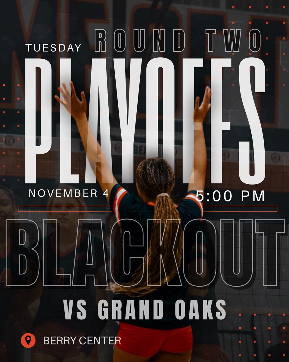 BLACKOUT THE BERRY CENTER📢⚫️ 

Playoffs Round Two vs. Grand Oaks
Pack the stands &amp; BE THERE! 
Tue. November 4 @ 5:00 PM 🕠