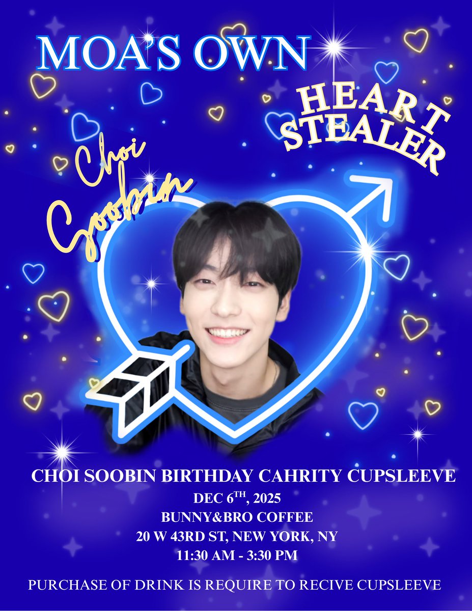 soooobincenter's tweet photo. 💙MOA'S Own Heart Stealer, CHOI SOOBIN!! 💙

I'm hosting a charity birthday cupsleeve for Soobin this December 6th! 😆

December 6th, 2025 at 
Bunny&amp;Bro Coffee
20 W 43rd St, New York, NY
11:30am - 3:30am https://t.co/EPgQalOkhi