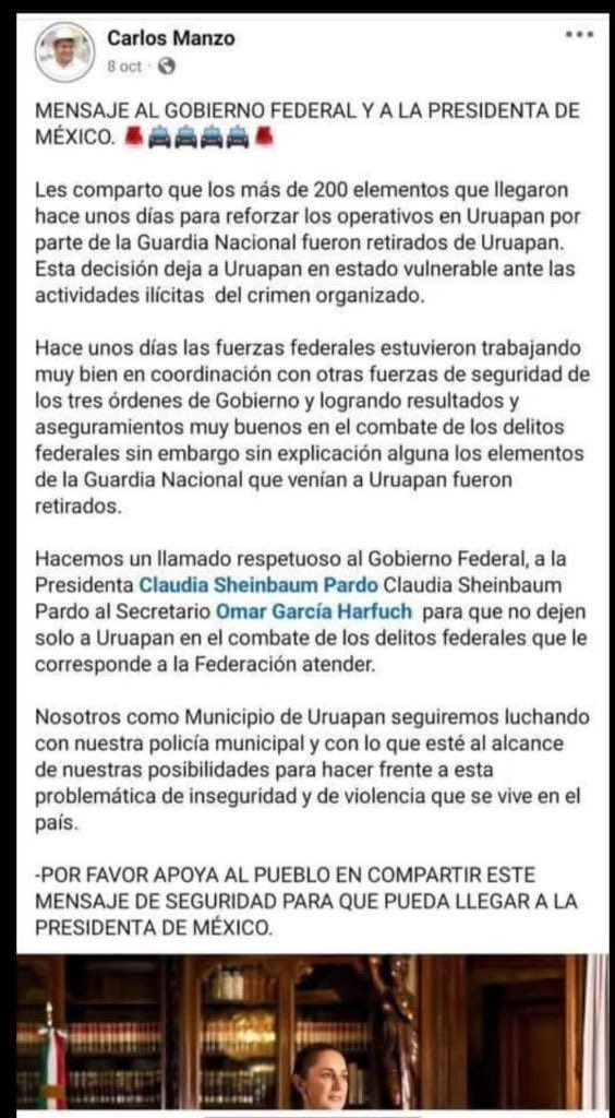 miguela64323307's tweet photo. @juanbaaq Ese vídeo es de junio mira el 8 de octubre hace unos días le propio Carlos manzo publicó que le habían retirado la guardia nacional así que lo dejaron solo https://t.co/DtdMNZFT82