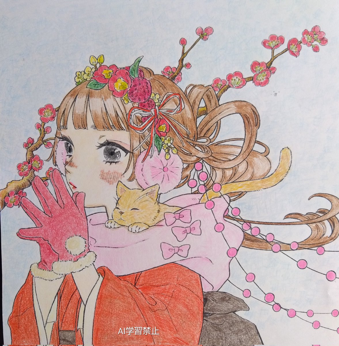 Forest_of_tree0's tweet image. 寒くなった気がします。
おはようございます。☕️
#花笑み 　#友風子 さん著
　「寅年」　梅
梅は、2月下旬〜3月初が見頃。
手を合わせ息を掛ける季節が近づいて来たと、“寒さ”を表したいと塗りました😊
ニャンコ🐱が可愛い
#大人の塗り絵 　#AI無断学習禁止
※線画は別の著作権があります。