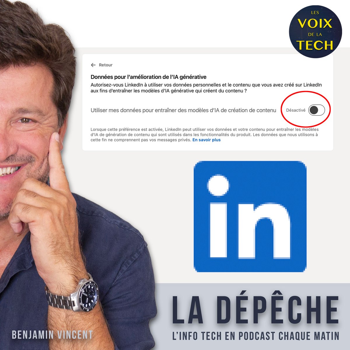 LesVoixdelaTech's tweet image. ⚠️ Êtes-vous vraiment prêt(e) à ce que #LinkedIn utilise vos données personnelles pour entraîner ses modèles d&apos;#IA générative de contenu ?
🖊️ C&apos;est pourtant ce que prévoient les nouvelles conditions d&apos;utilisation à partir d&apos;aujourd&apos;hui, 3 novembre 2025.
🎧 Je vous explique tout…
